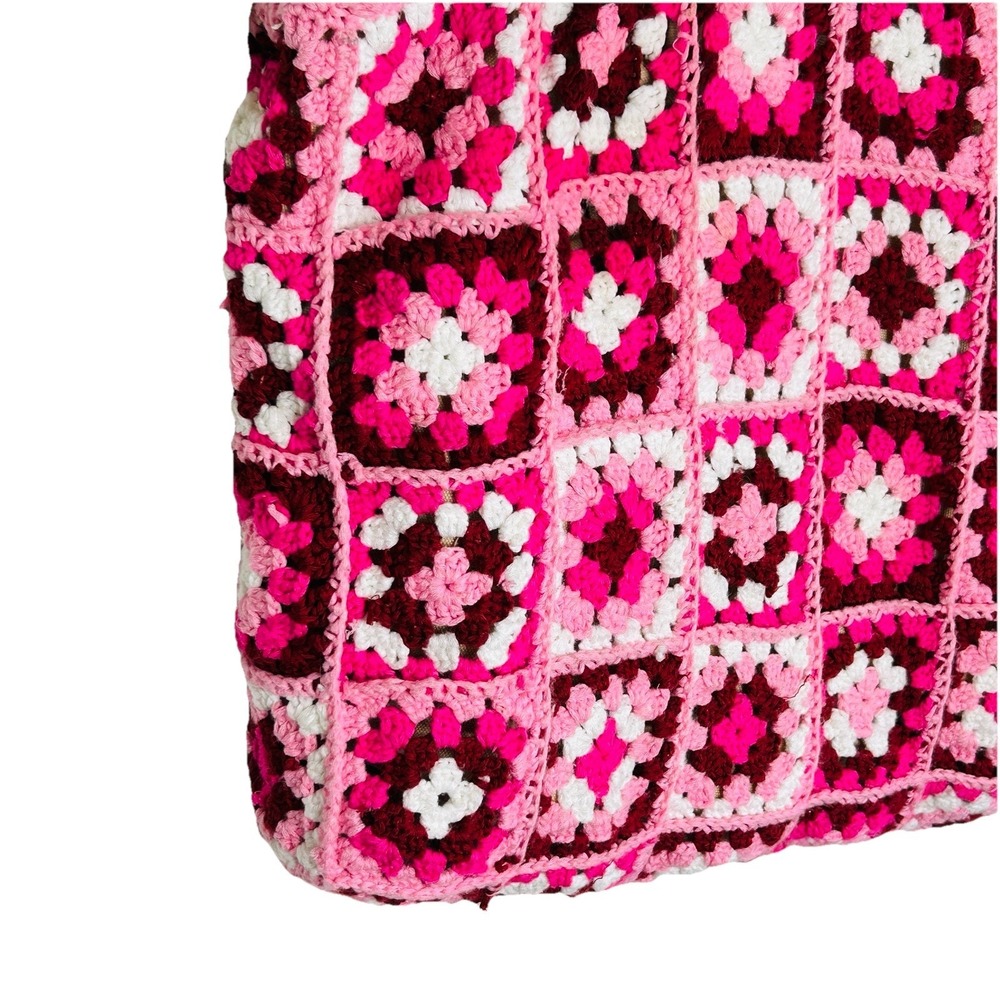 Boho Crochet Granny Square Purse Handbag Bamboo Style Handles Retro Hippie Pink - Picture 3 of 11